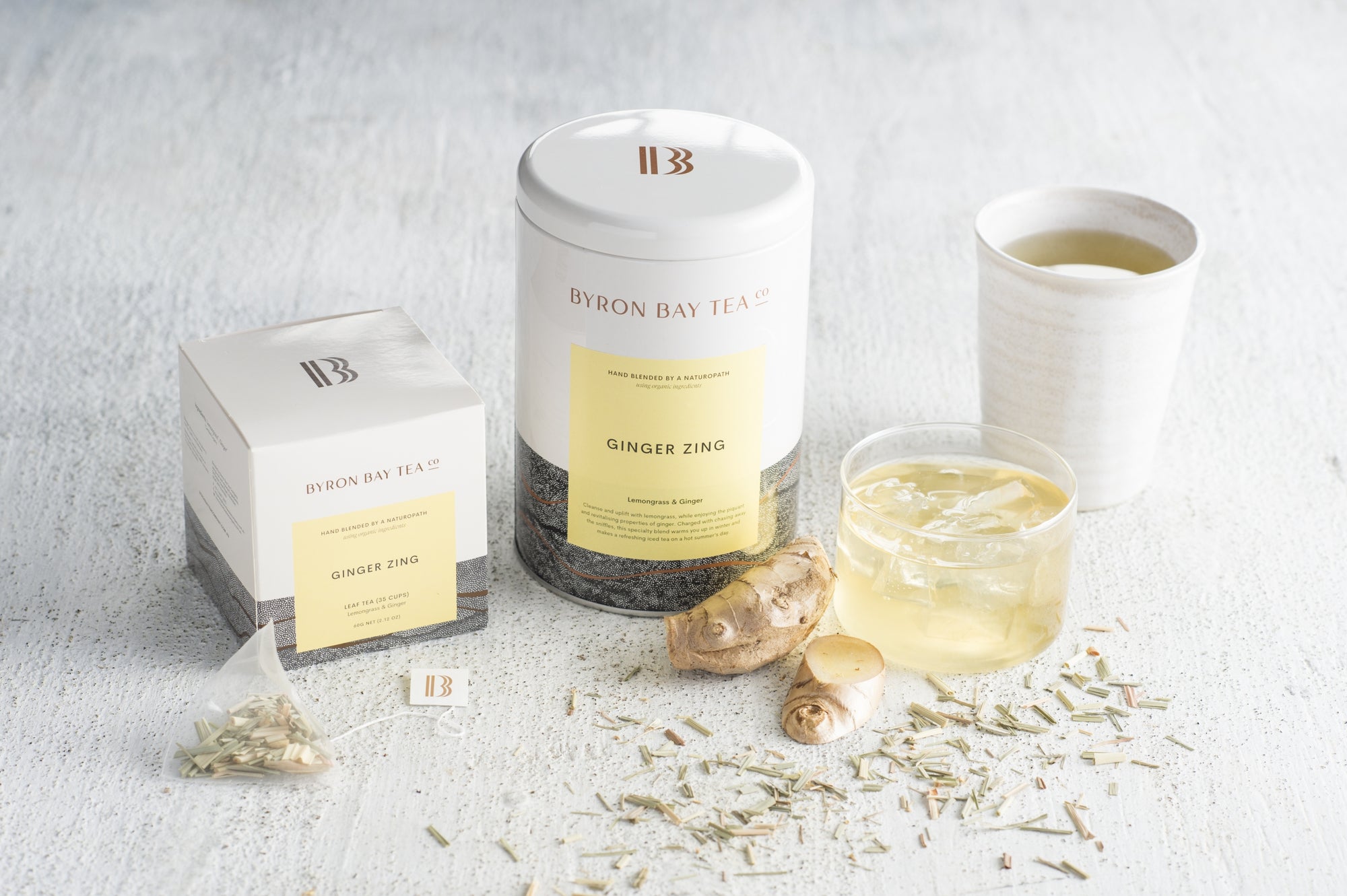 A selection of Byron Bay Tea Company Ginger Zing tea with ginger and lemon