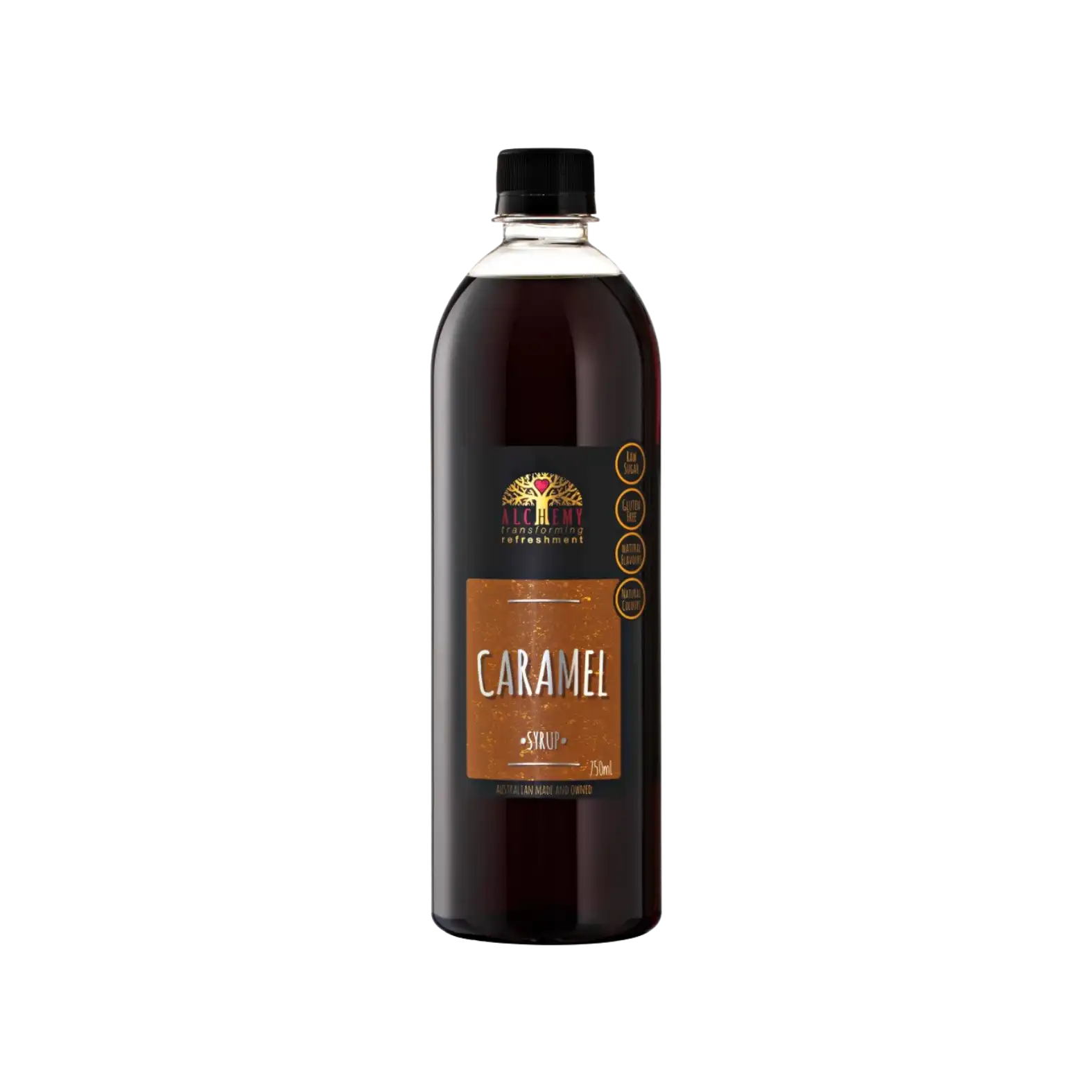 750ml bottle of caramel syrup with a label 