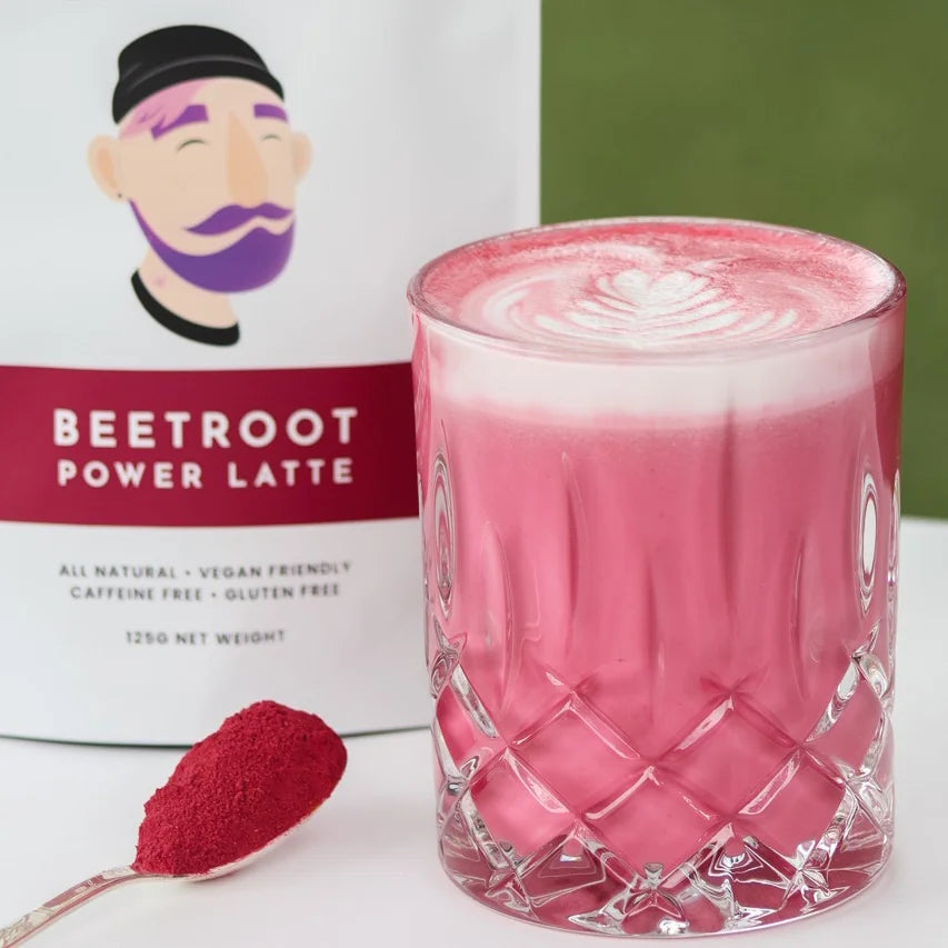 Beetroot latte mix in glass 
