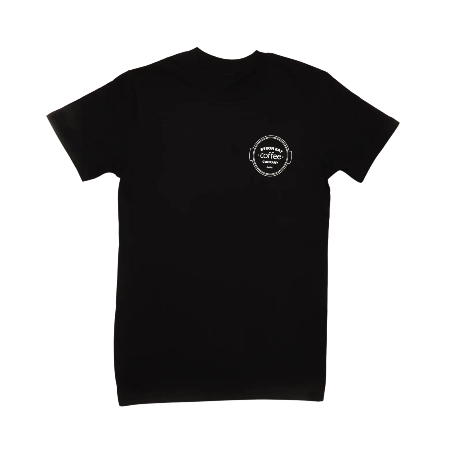 Black t-shirt with a white logo on the chest against a white background