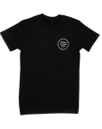Black t-shirt with a white logo on the chest against a white background
