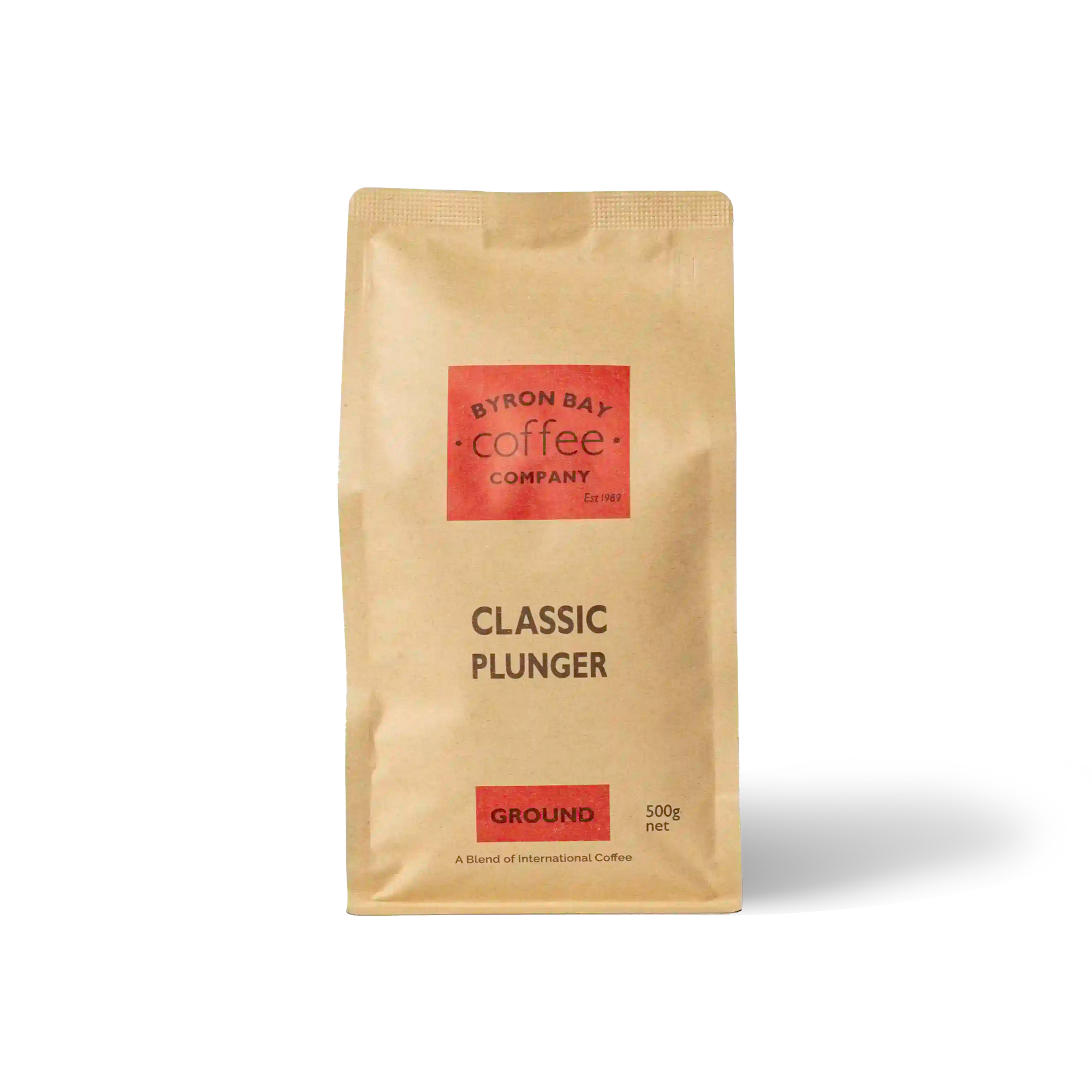 Bag of Classic Plunger coffee with dark chocolate, cinnamon, and brown sugar notes.