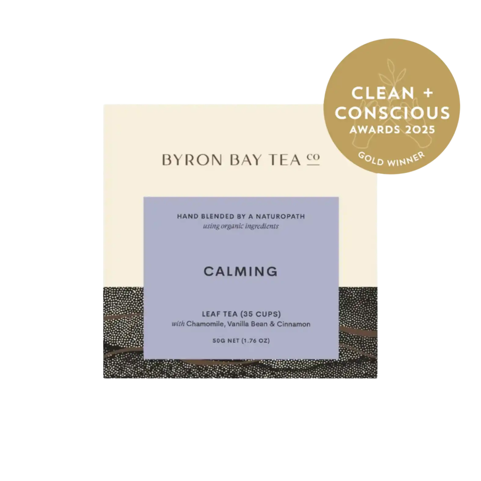 Box of Byron Bay Tea Co. calming leaf tea with lilac label