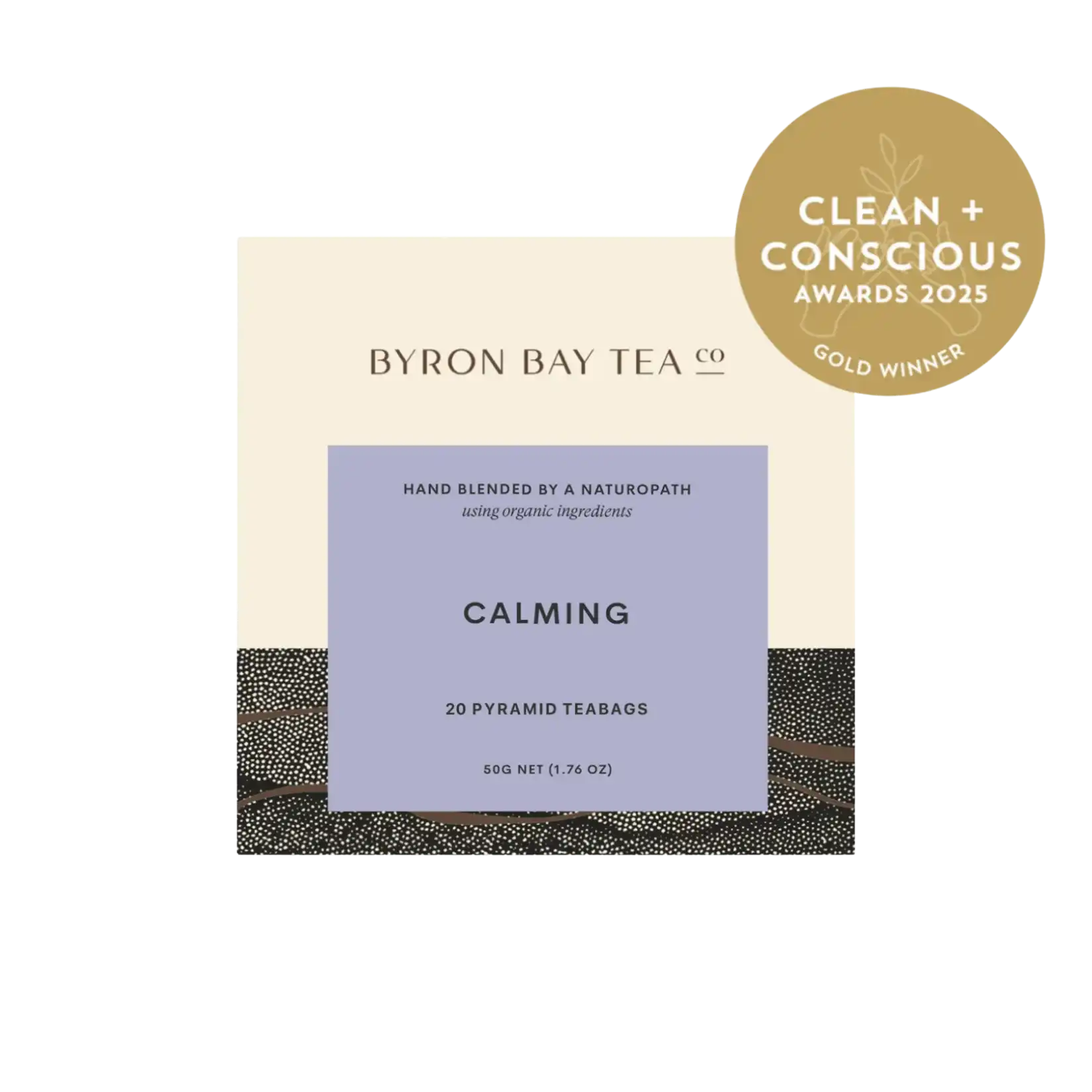 Retail box of Byron Bay Tea Company calming pyramid teabags