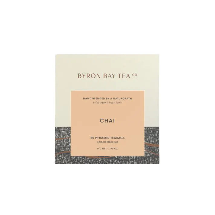 Byron Bay Tea Co. Chai tea packaging on a beige background