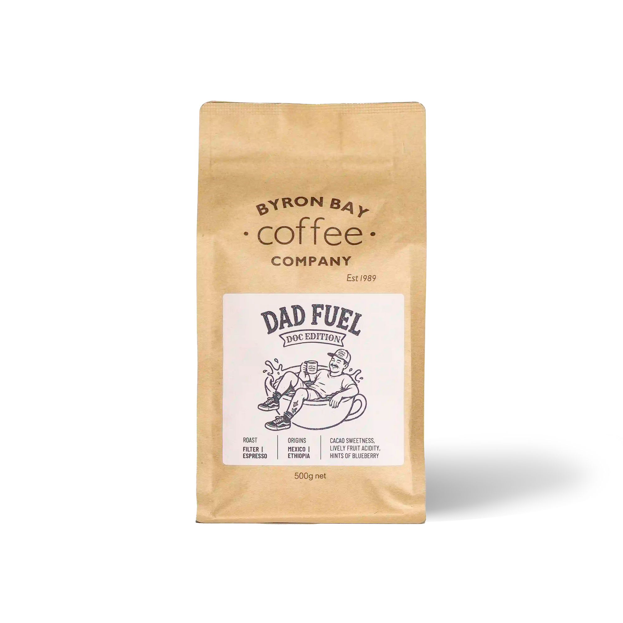A 500g bag of Byron Bay Coffee Company 'Dad Fuel' Father's Day coffee on a clean white background.