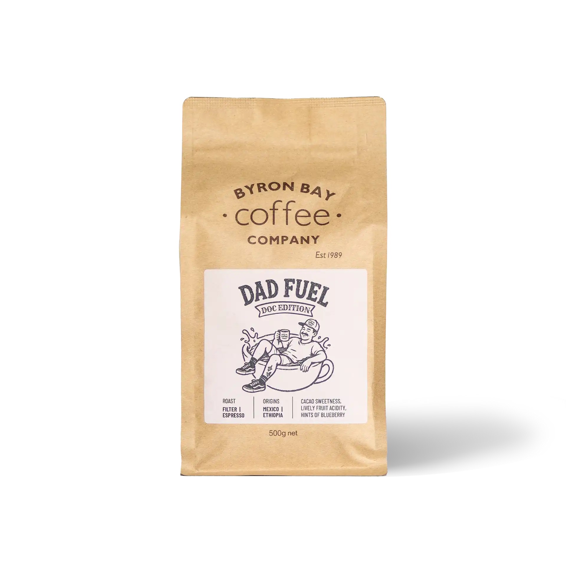 A 500g bag of Byron Bay Coffee Company 'Dad Fuel' coffee in a brown kraft paper pouch with a white label, shown on a clean white background.