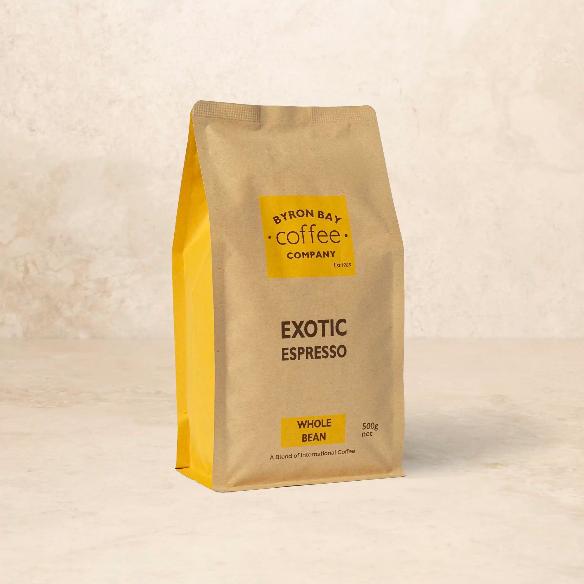 Bag of Exotic Espresso coffee with dark-chocolate aroma and rich crema