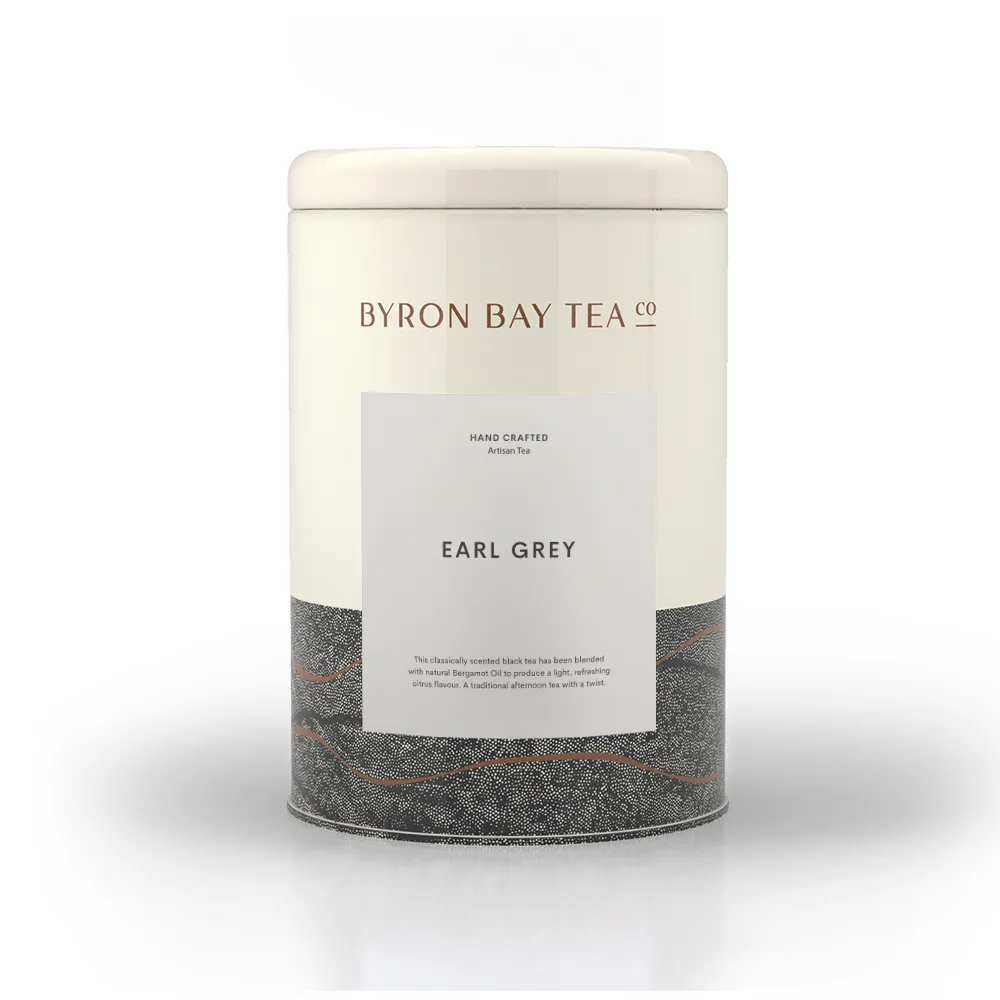 Tin cannister of Byron Bay Tea Company Earl Grey tea