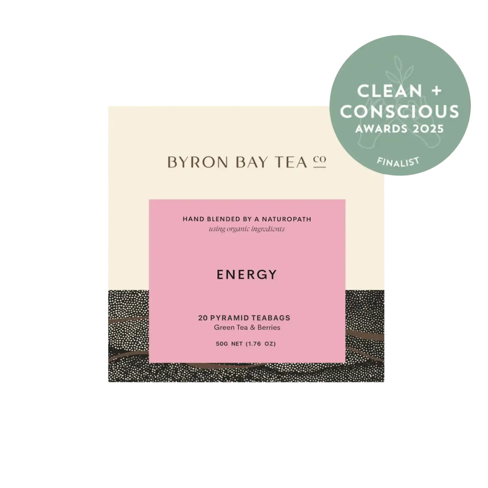 Retail box of Byron Bay Tea Co. Energy Pyramid teabags