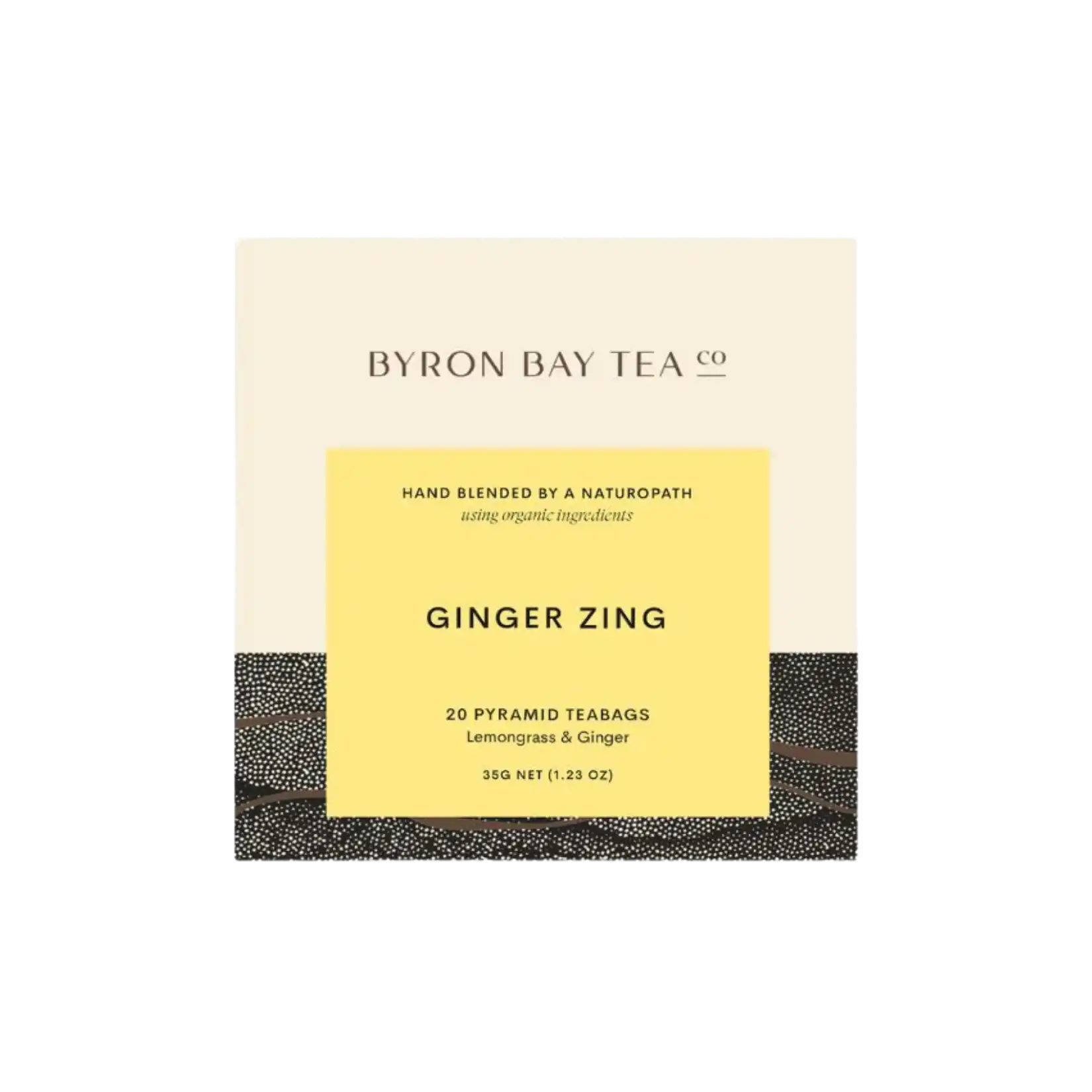 Retail box of Byron Bay Tea Company Ginger Zing 20 pyramid teabags