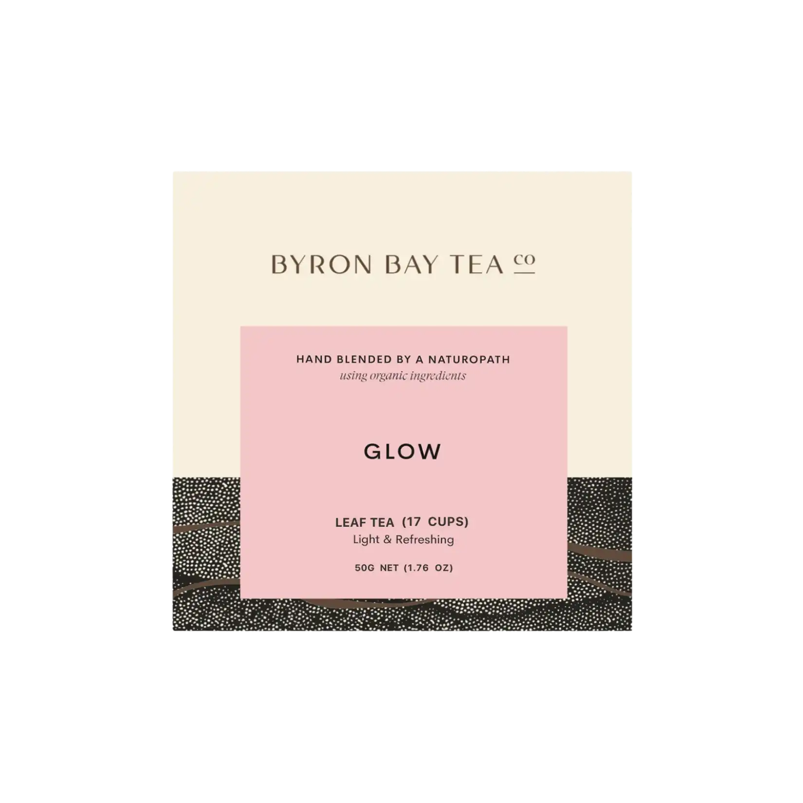 Retail box of Byron Bay Tea Co. 'Glow' leaf tea