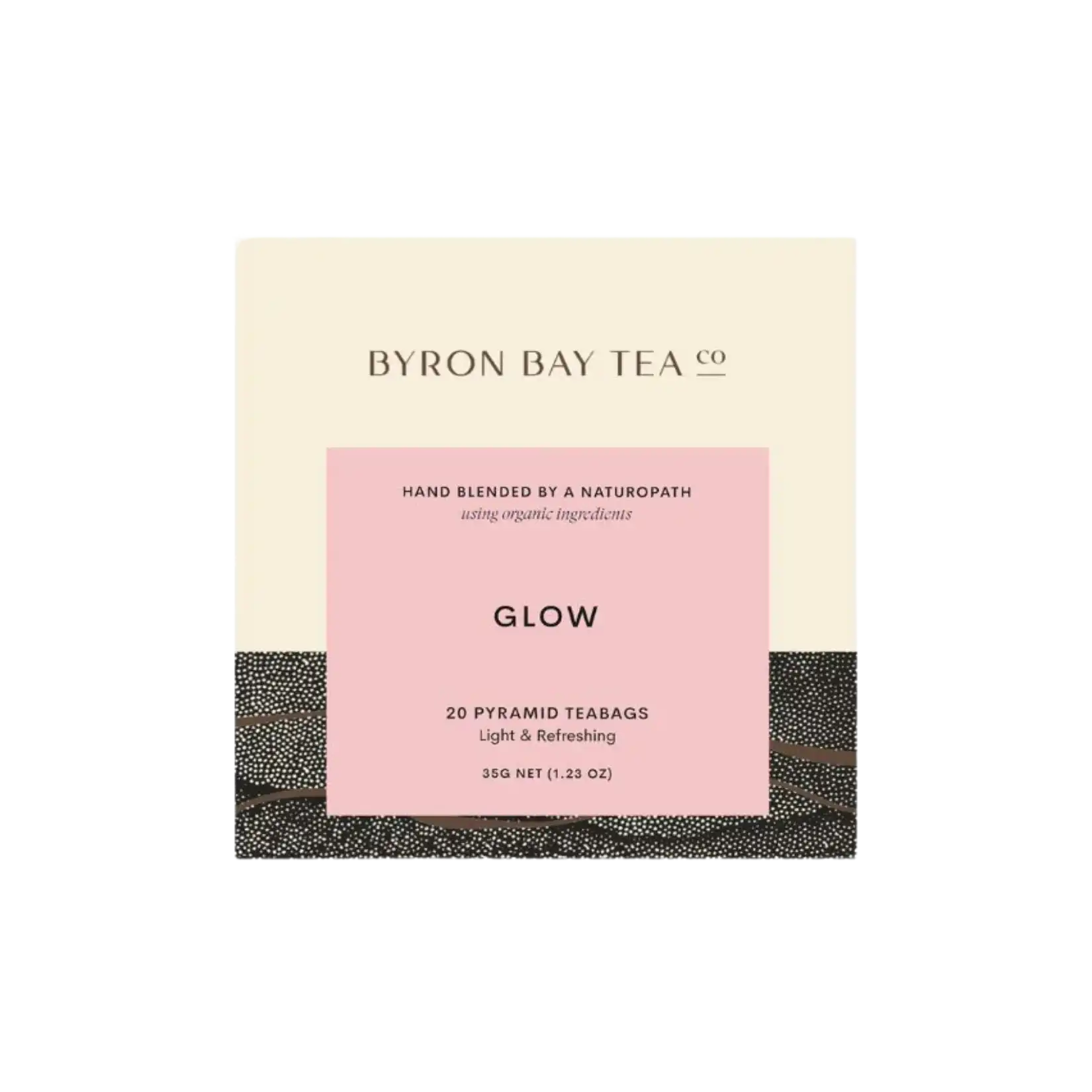 Retail box of Byron Bay Tea Company 'Glow' pyramid teabags