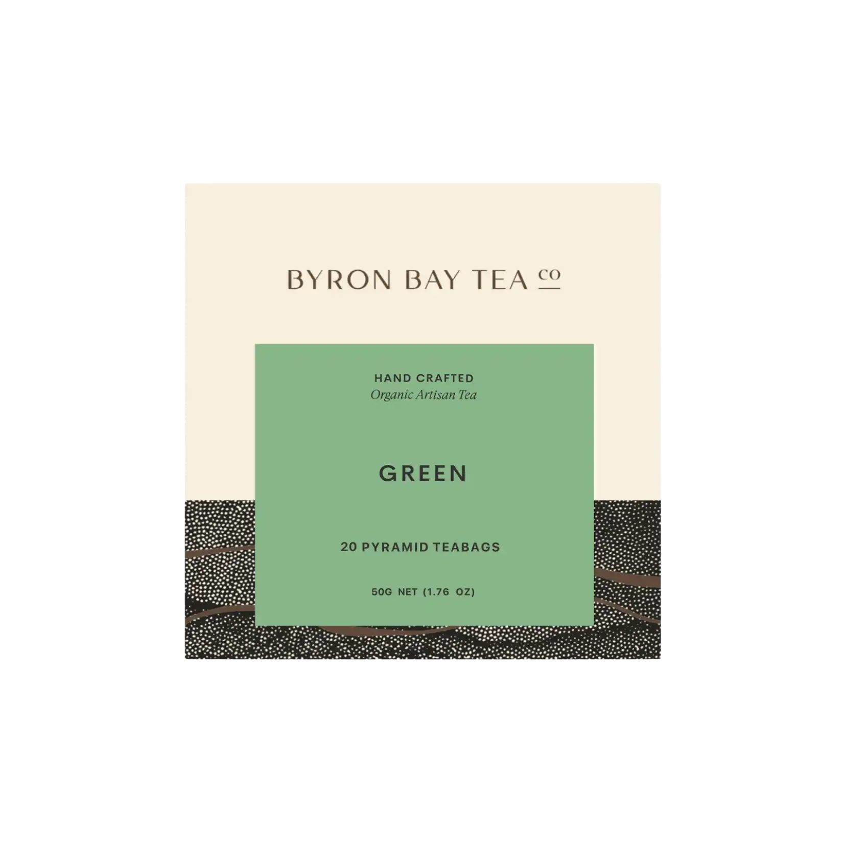 Retail box of Byron Bay Tea Company Green tea in pyramid teabgs