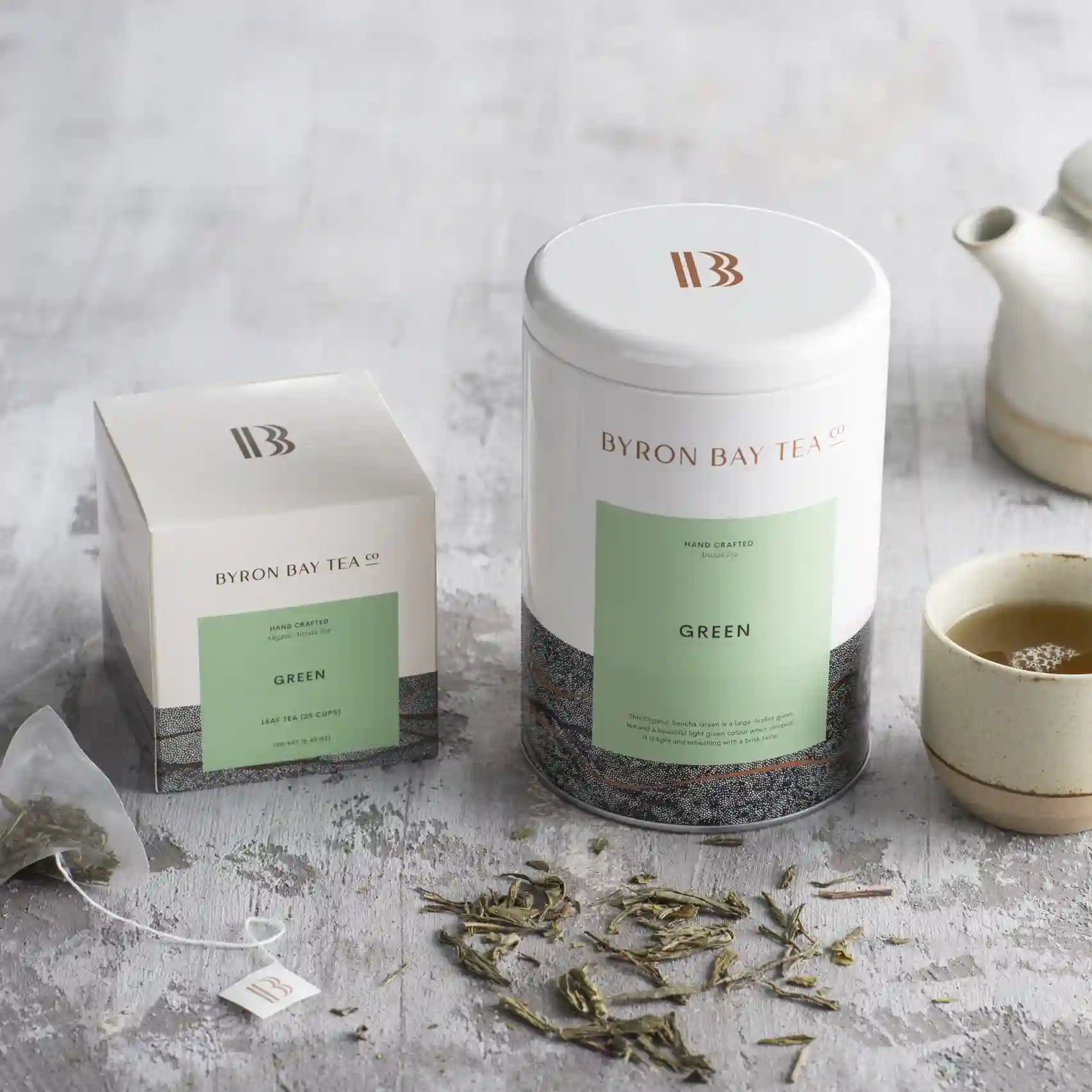 Byron Bay Tea Company Green tea selection with teapot and cup