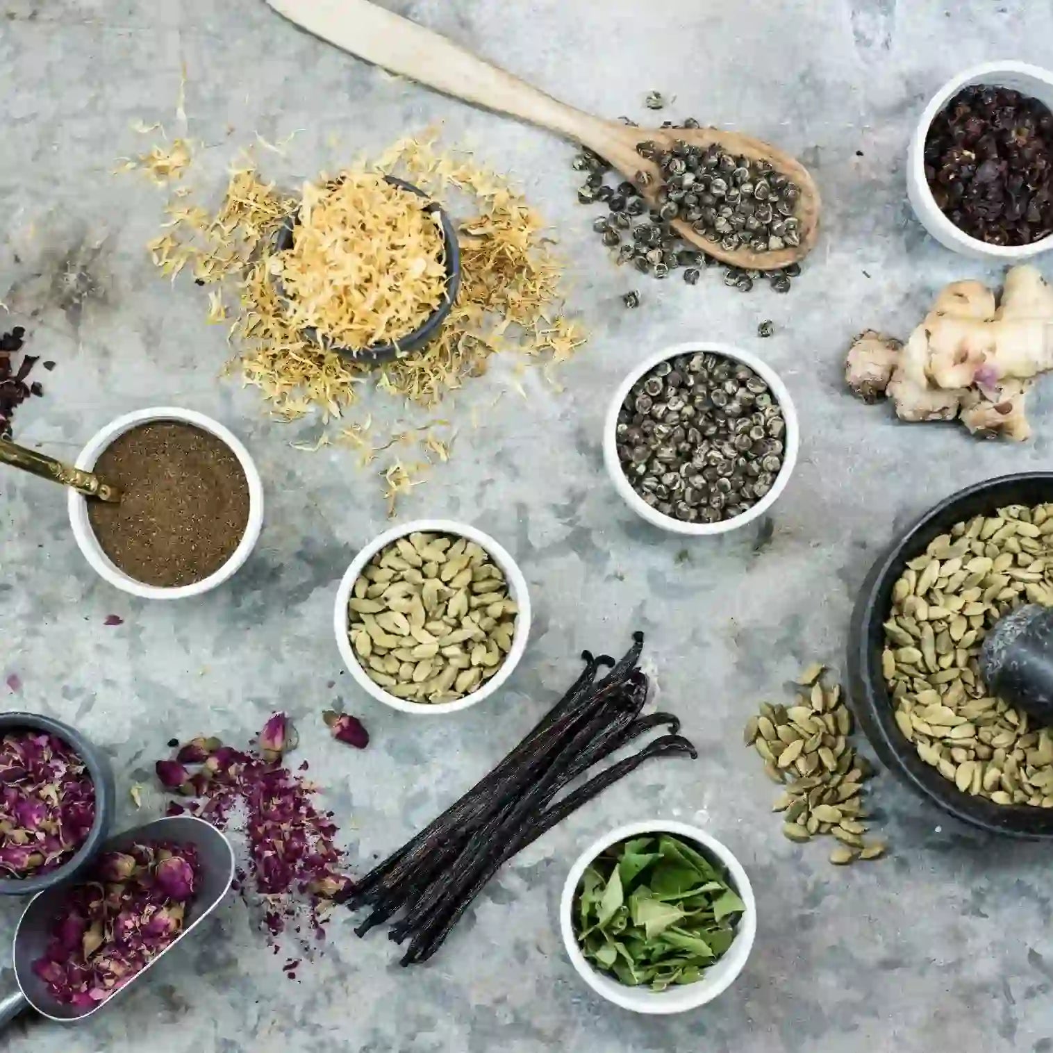 Assorted herbs and spices on a textured background