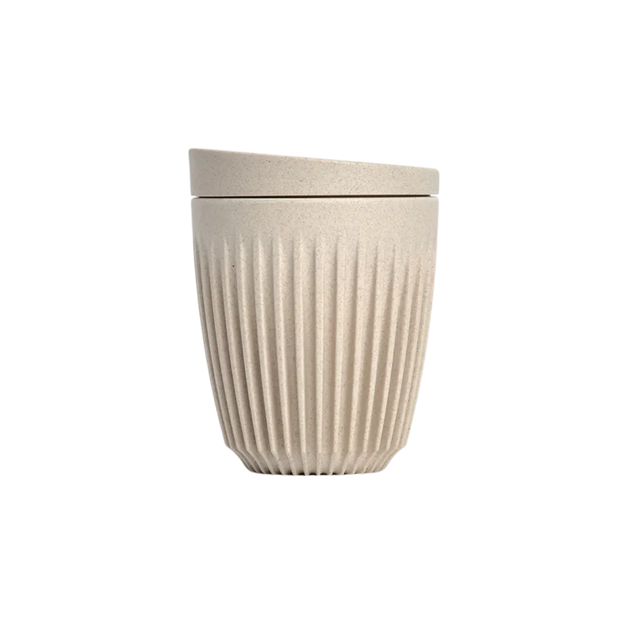 Beige textured ceramic cup with lid on a white background