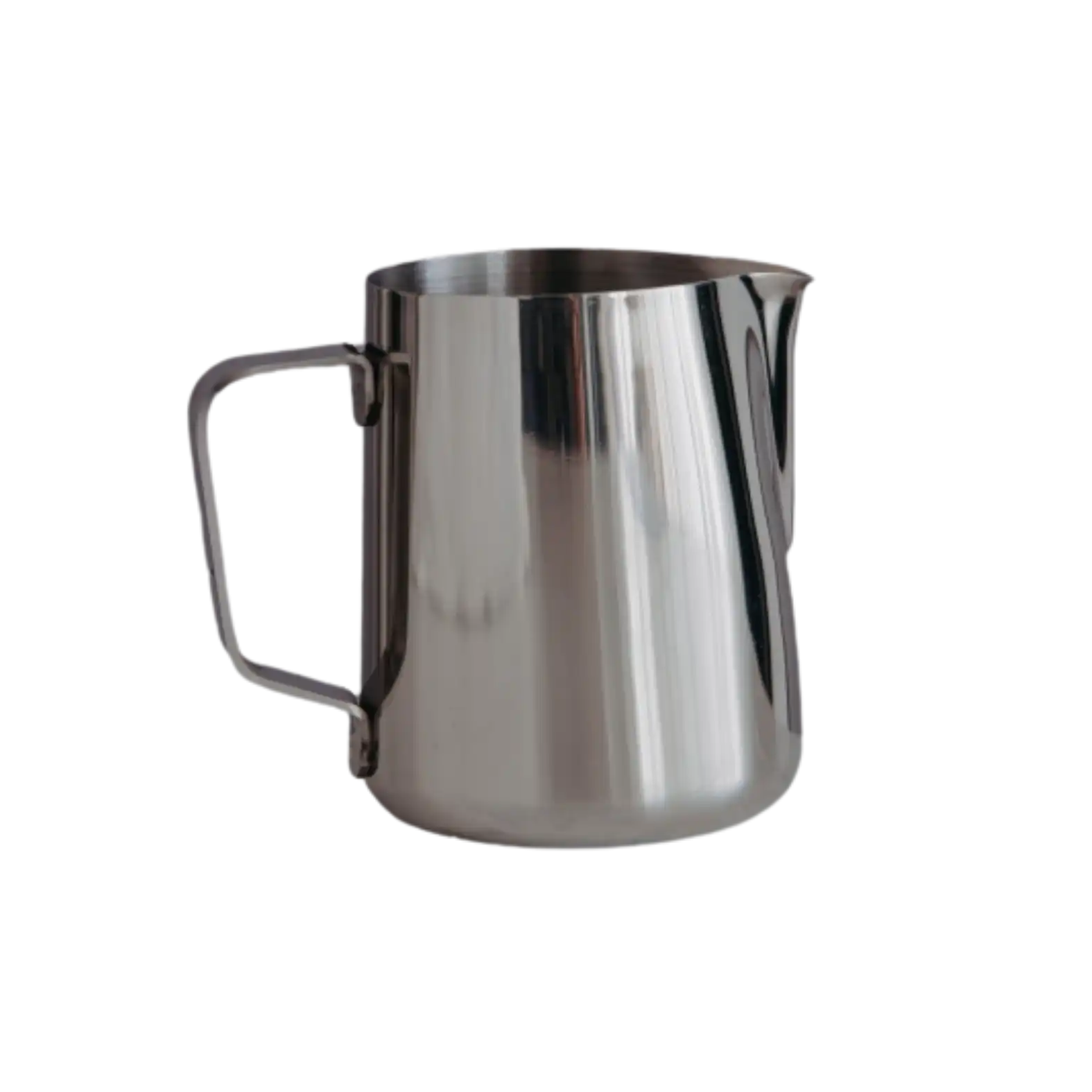 Stainless steel milk jug on a white background