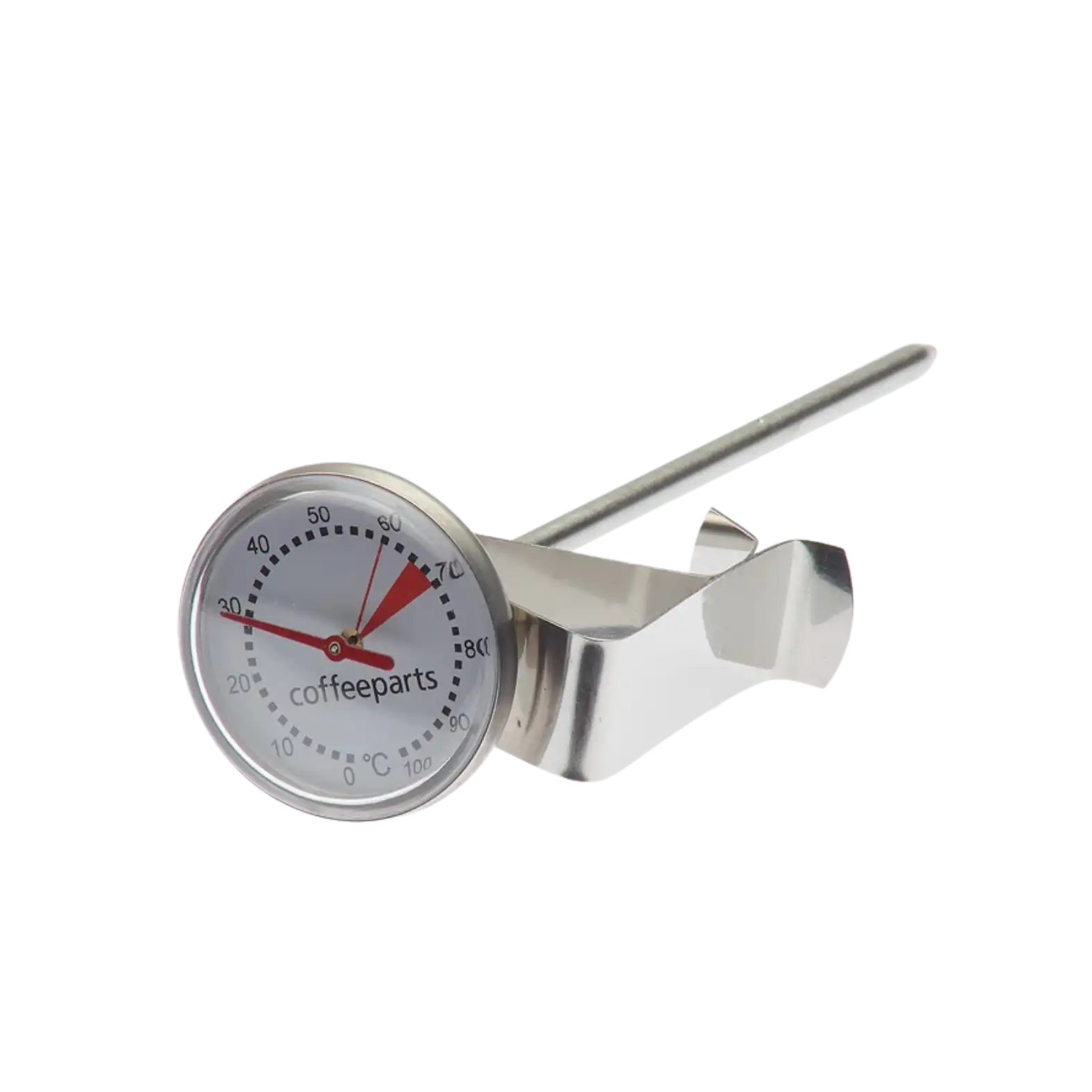 Metallic thermometer with 'coffeeparts' branding 