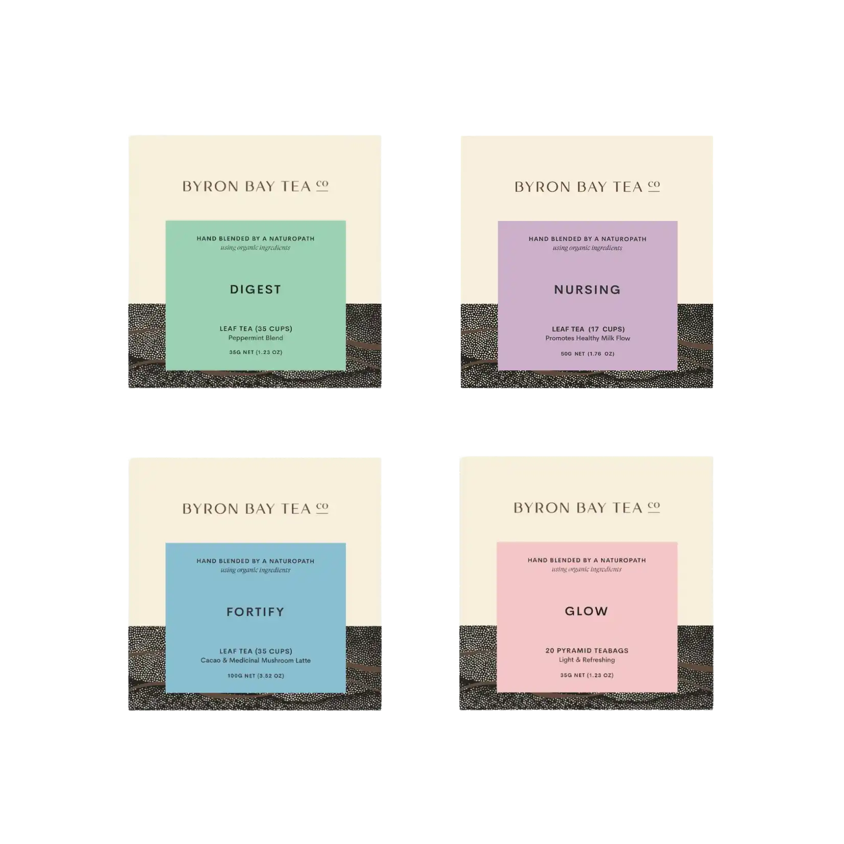Four Byron Bay Tea Co. tea bags with different flavors on a white background