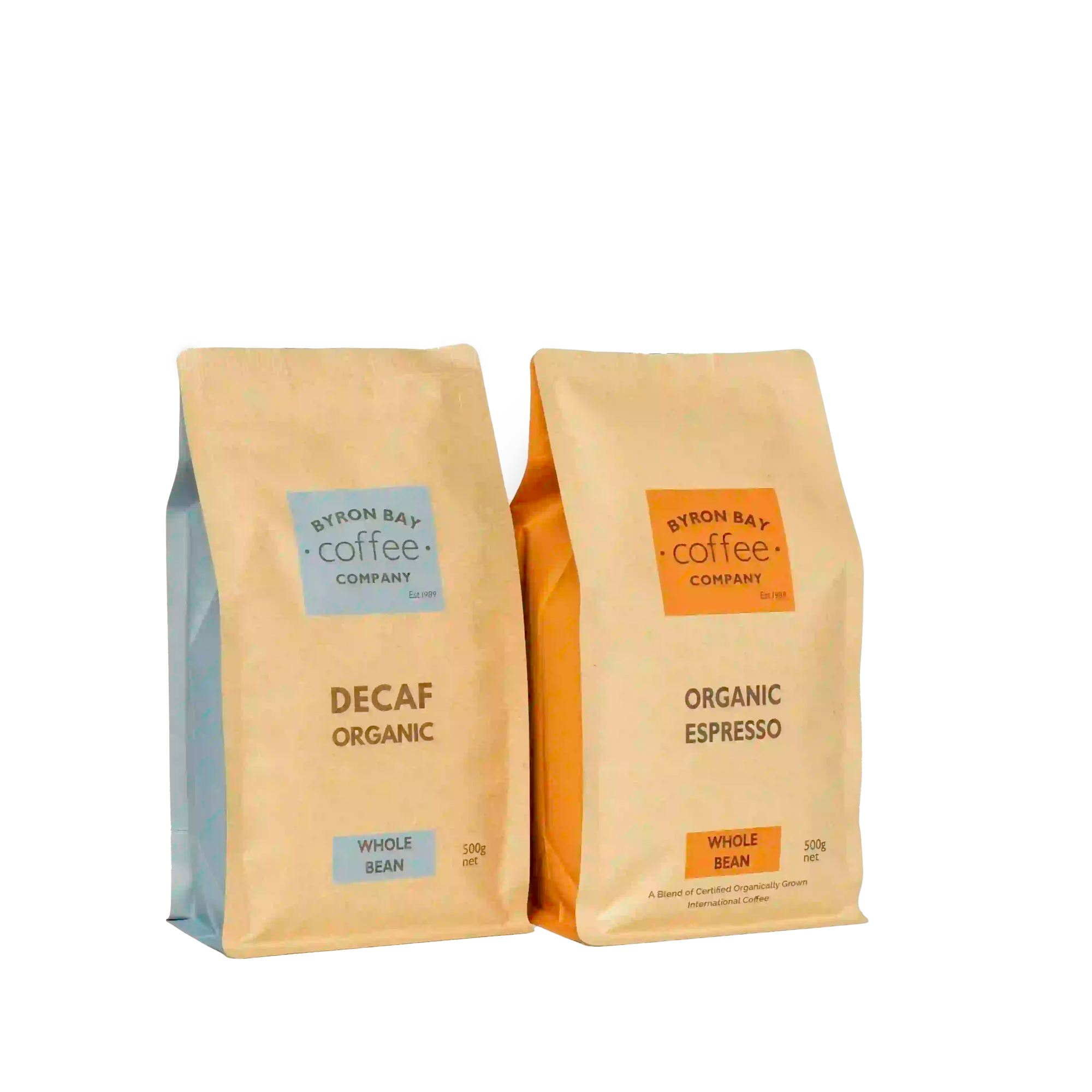 Organic and decaf coffee beans from Byron Bay Coffee Company side by side