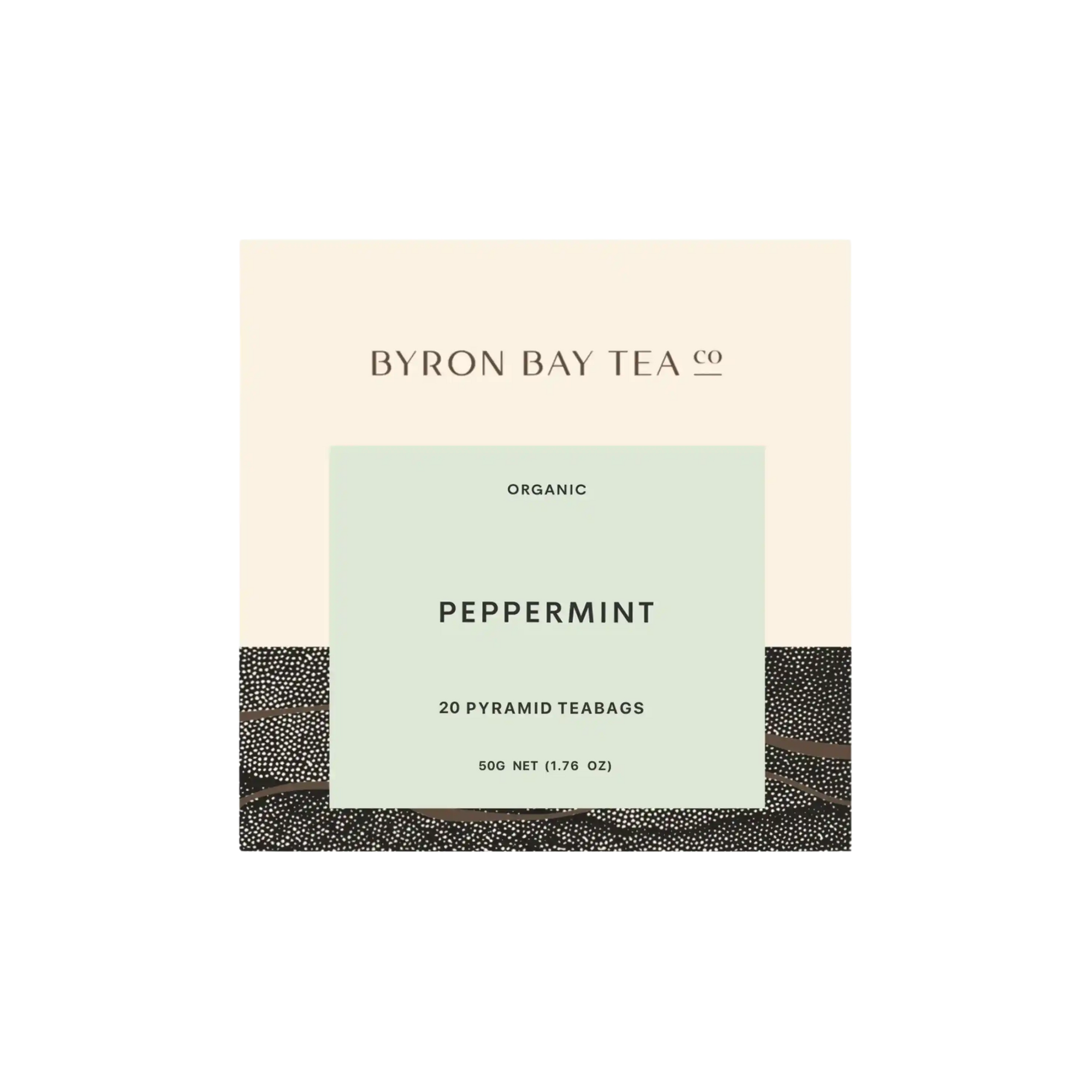 Retail box of Byron Bay Tea Company peppermint pyramid teabags