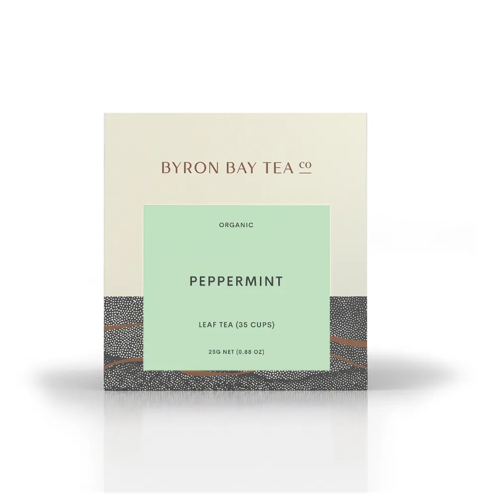 Retail box of Byron Bay Tea Company Peppermint loose leaf tea