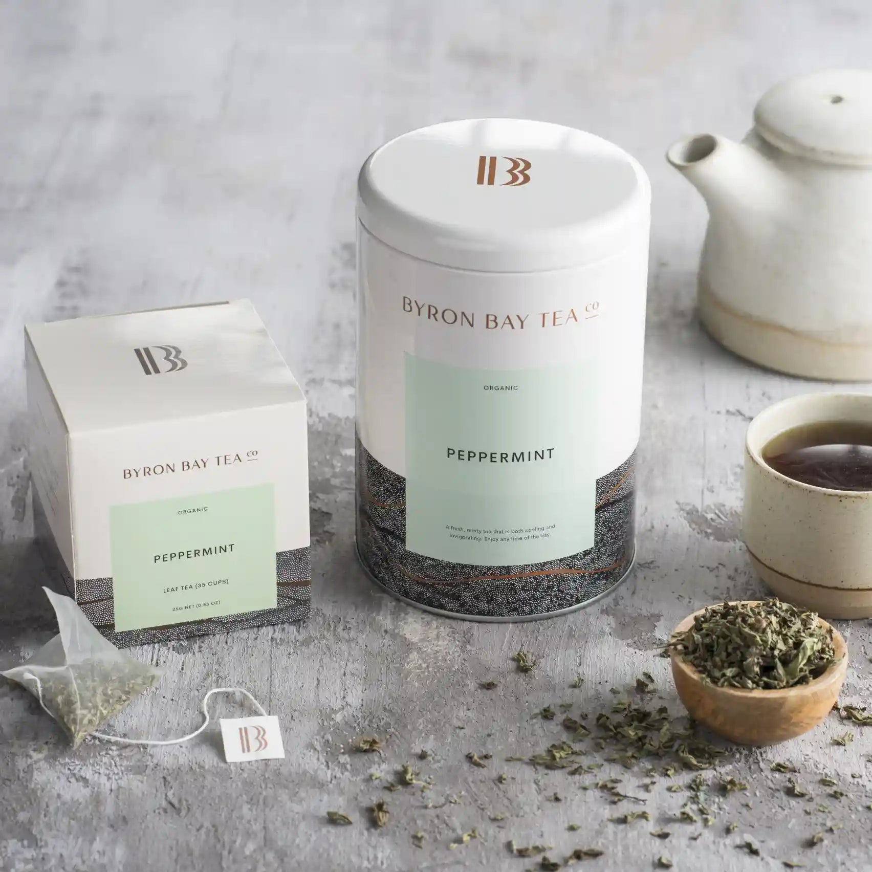 Byron Bay Tea Company peppermint tea varieties with teapot and cup