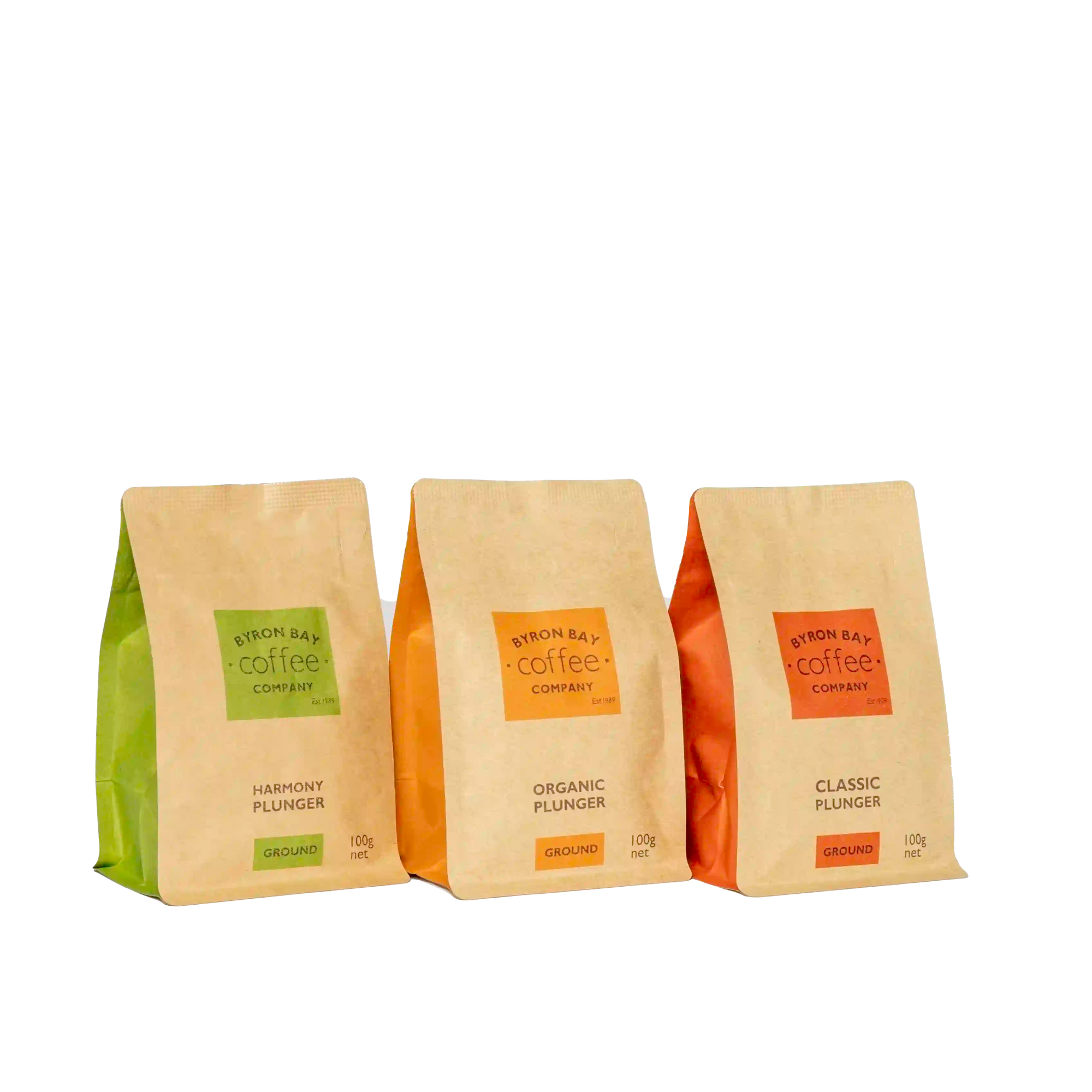 Three 100g coffee bags - plunger tasting set from Byron Bay Coffee Company.
