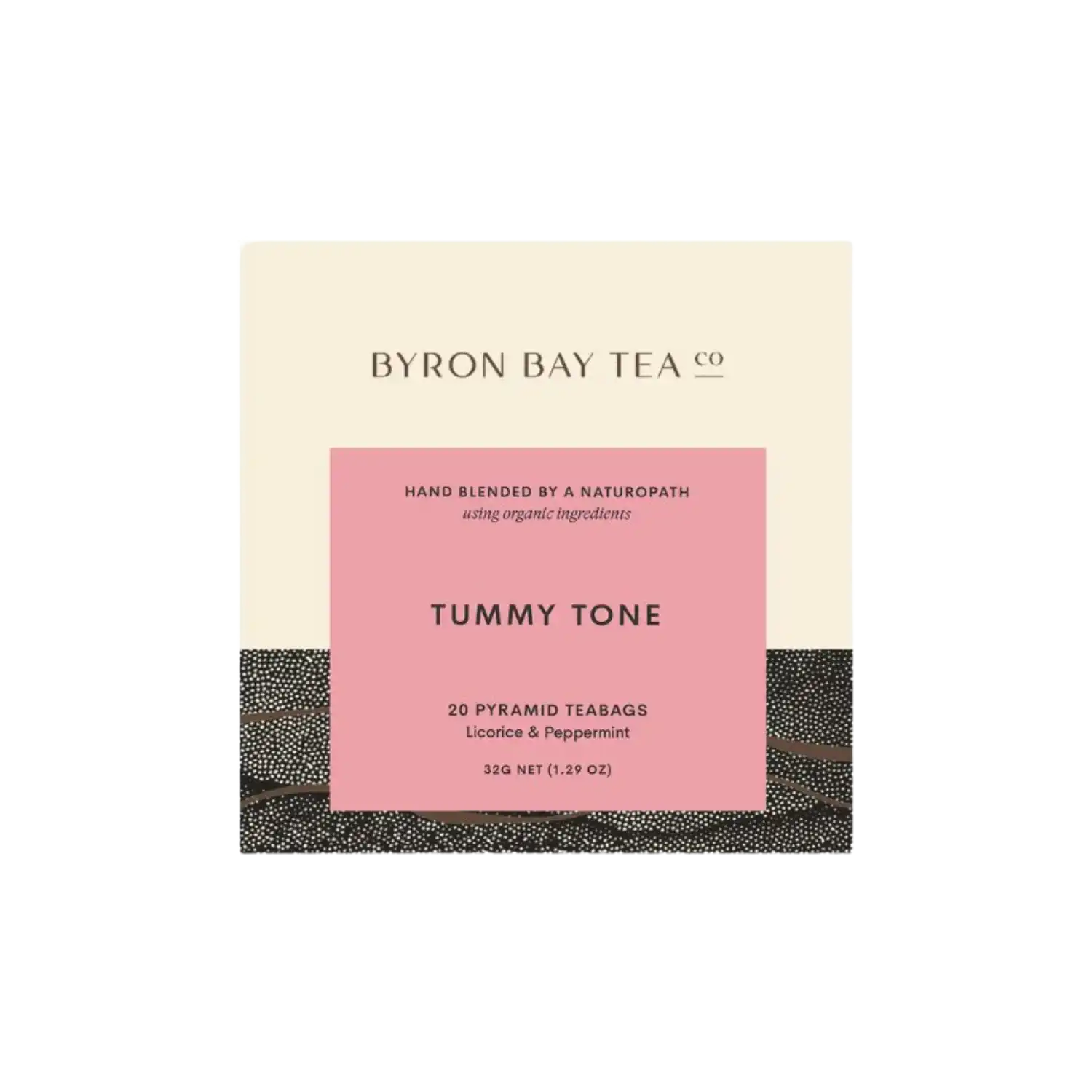 Retail box of Byron Bay Tea Co. Tummy Tone pyramid teabags
