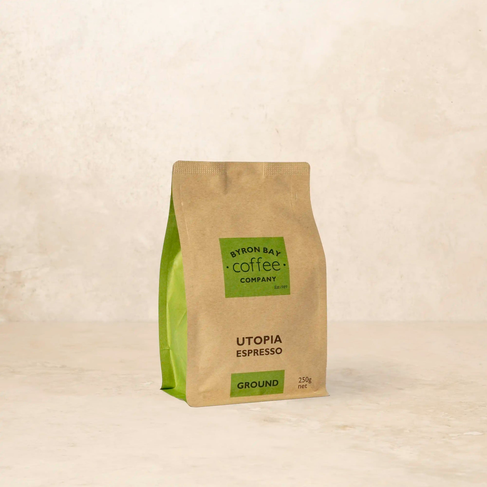 Bag of Utopia Espresso coffee with stone fruit and toffee aroma