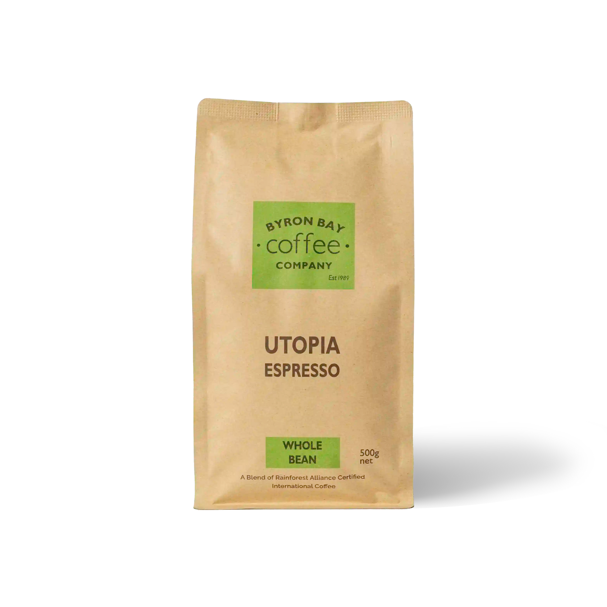 Bag of Utopia Espresso coffee with stone fruit and toffee aroma