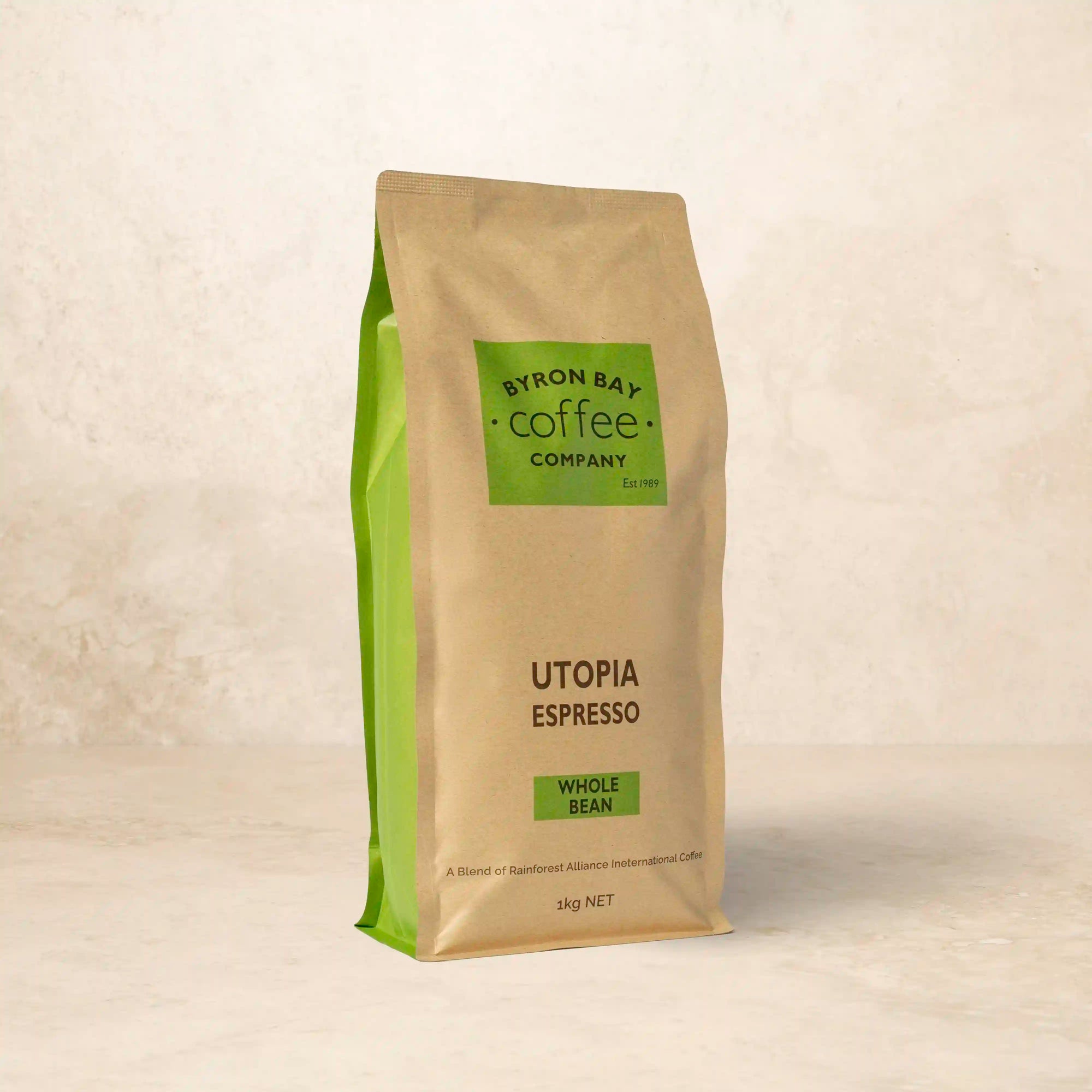 Bag of Utopia Espresso coffee with stone fruit and toffee aroma