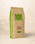 Bag of Utopia Espresso coffee with stone fruit and toffee aroma